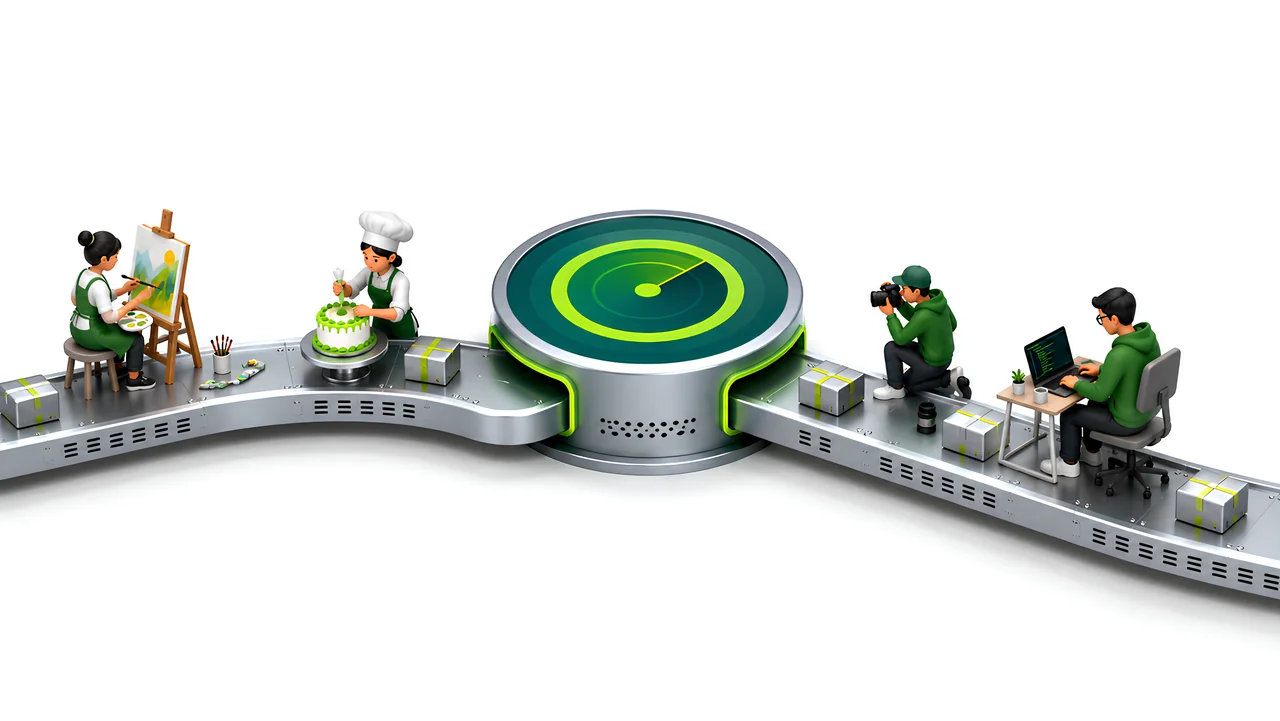 Conveyor belt with an artist, baker, photographer and programmer working alongside a green radar device and packages